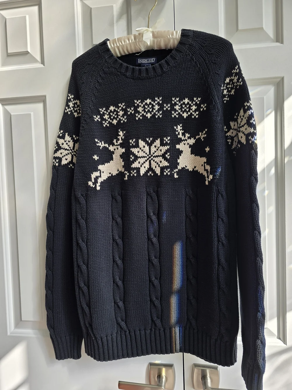 Lands' End Black and White Fair Isle Reindeer Cable-Knit Crewneck Sweater